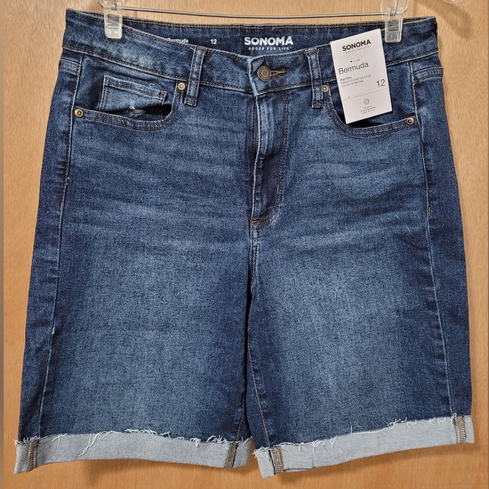 Sonoma Bermuda High Rise Denim Shorts Frayed Cuffs Size 12.